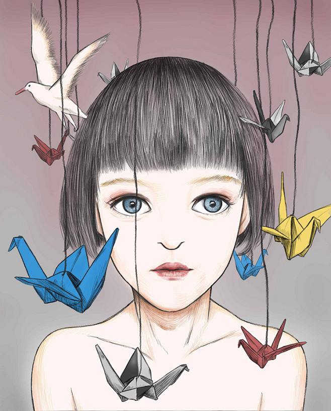 铅笔风格-阿绛_插画,铅笔,纸鹤,原创_...