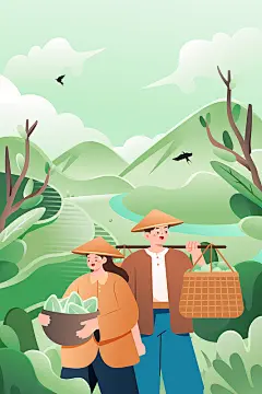 卡通春季户外风景风光大自然亲子家人家庭郊游务农春分立春踏青二十四节气农耕骑行公园生活渐变矢量插画下载