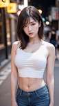  ((Realistic lighting, Best quality, 8K, Masterpiece: 1.3)), Clear focus: 1.2, 1girl, Perfect Figure: 1.4, Slim Abs: 1.1, ((Dark brown hair)), (White crop top: 1.4), (Outdoor, Night: 1.1), Chinese city streets, Super fine face, fine eyes, double eyelids, 