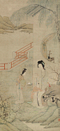 改琦——《母子图（赏花图）》无题【泖东七芗改琦制】仕女人物场景 立轴z欣赏 | 
清|改琦(1773-1828)字伯韫号香白，又号七芗、玉壶山人、百蕴生、改伯、横泖渔父等。工仕女人物佛像花鸟兰竹。宗法华岩，喜用兰叶描，仕女衣纹细秀，树石背景简逸，造型纤细，敷色清雅，创立了仕女画新的体格，时人称为"改派"。