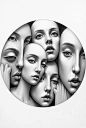 Create me a picture, They must be several genderless faces, that they look half-piled and each face expresses different emotions the black and white design finished with a pencil drawing the design is circular that does not look like gender and more faces