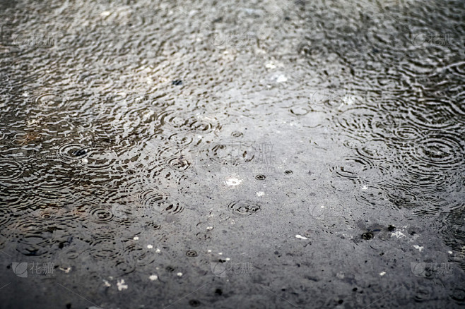 雨点落在混凝土栈道上，满是飞溅的小水滴，从水面上反弹，反射出白云般的天空