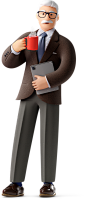 old businessman in classical suit and glasses with coffee mug holding tablet PNG, SVG