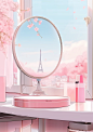 this mirror is displayed in a room with a big window, in the style of kawaii aesthetic, vignettes of paris, fujifilm eterna vivid 500t, coastal views, pink, photorealistic renderings, distinct stylistic range