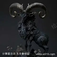 土屋吉正纯黑色长角山羊雕塑_提示词查看_Midjourneyai绘图工具关键词描述词咒语_512X512像素-摄影,空灵,梦幻,不祥,黑暗,动物,长角山羊,雕塑-提示词编号:2023080214218974-绘ai-www.ai016.com-素材库-sucai1.cn