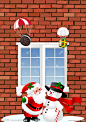 圣诞节的圣诞老人和雪人站在窗前