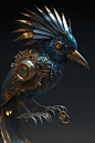 mechanical bird with blue feathers and gold beak, unreal engine effect