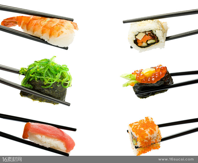 筷子夹住的各种寿司美食高清图片