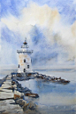 Doodlewash and watercolor painting by Edo Hannema of lighthouse with path of stones