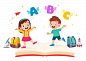 Happy cute little kid boy and girl with book and letter Premium Vector