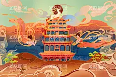 飞天手绘  - 源文件下载【酷图网】飞天,手绘,神鹿,仙女,宫殿,中国风,敦煌壁画,丝带,云,美女,