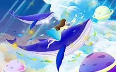 蓝色卡通手绘唯美梦幻女孩鲸鱼天空原创插画海报