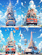 The travel season poster has a small blue car on the cover. Blue sky background, Pixar-style 3D rendering, vivid colors, high saturation, full-body portraits, exaggerated action, Pixar-style lively atmosphere - niji 6 --ar 3:4 --s 750 --niji 5