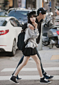 Cute ulzzang couple! Black matching SnapBacks, Causal jumper with black shirt and a bag ~ Korean Fashion ~