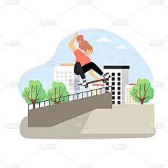 快乐的女孩喜欢滑板，平面矢量插图。活跃的环保交通工具。极限运动和娱乐。