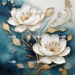3D抽象壁纸，奢华的深青色和白色背景配金色叶子，令人惊叹的水