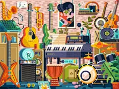 Music Room stuff musician rockstar nostalgic geek shop guitar instruments puzzle game design illustration flat design pop culture elvis rock room music
