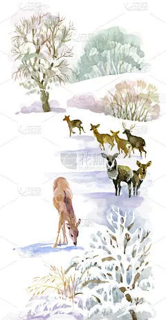 水彩冬季景观与鹿.