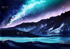 夜景。山的黑暗剪影。天空与北极光。粉红色和蓝色光线。水面或湖面。神秘的地方手绘水彩插图