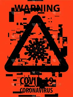 CoVid-19安全警示标志。黑色加橙色的安全标志。像素破碎失真效果