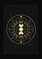 Moon Phase Totem art print in gold foil and black paper with stars and moon by Cocorrina