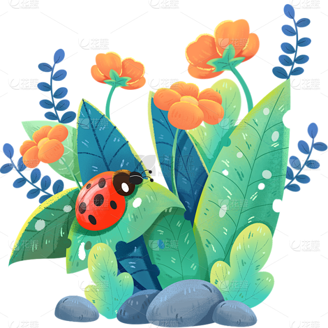 传统节气惊蛰卡通感插画植物昆虫七星瓢虫组...