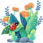 传统节气惊蛰卡通感插画植物昆虫七星瓢虫组合元素素材