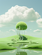 a green field and fountain in a green dome with a ladder and clouds on it, in the style of ethereal illustrations, clemens ascher, eco-kinetic, dreamy and romantic, dreamlike installations, soft, romantic scenes, childlike illustrations