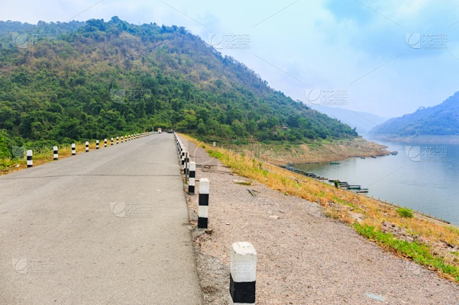 泰国,路,水坝,早晨,水,美,水平画幅,无人,运输