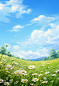 a green grass with daisies and blue sky, in the style of delicately rendered landscapes, hazy landscapes, soft, romantic landscapes