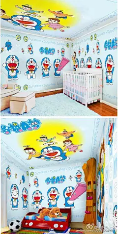 叮当猫卡通墙纸 壁纸 壁画O网页链接创意可爱儿童房卧室背景墙蓝色卡通壁纸，选用高档材质制作而成，具备易粘贴、防水耐磨等优良特质，环保更省心，可以放心使用。卡通形象生动可爱，充满童趣，装饰效果极佳，为宝宝营造别具一格的温馨卧室环境。#壁画墙绘#