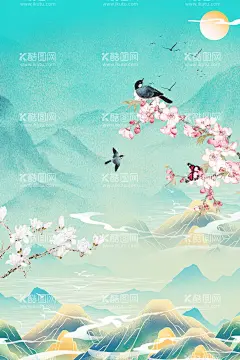 手绘中国风花鸟山水背景  - 源文件下载【酷图网】手绘?背景图?花鸟?春天?蝴蝶?国潮,中国风,古风,山,鸟,花,云,雁,大雁,燕子,中国风背景,中国风海报,中国风展板,中国风插画,