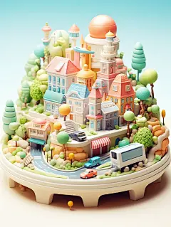 微型城市现代建筑动画片粘土材料3D渲染海报