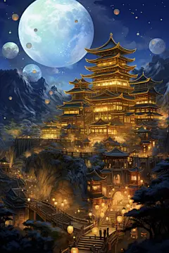 阁楼古风古韵金线城市建筑插画