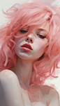 girl with pink hair and pink lips , a transparent white gel flows down her face , drawing digital painting , realism ,