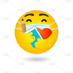 回到学校，开始新的正常的生活方式。表情符号表情符号戴口罩拥抱红心和铅笔和论文，保护2019冠状病毒或