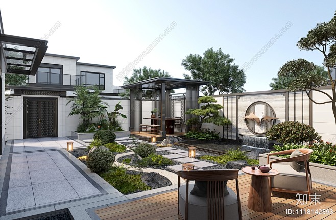 新中式别墅庭院景观3D模型下载【ID:1118142593】