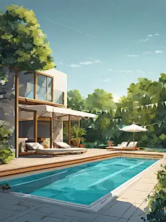 扁平风夏季游泳池插画AI数字艺术