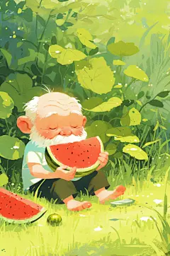 AI数字艺术夏季吃西瓜卡通插画
