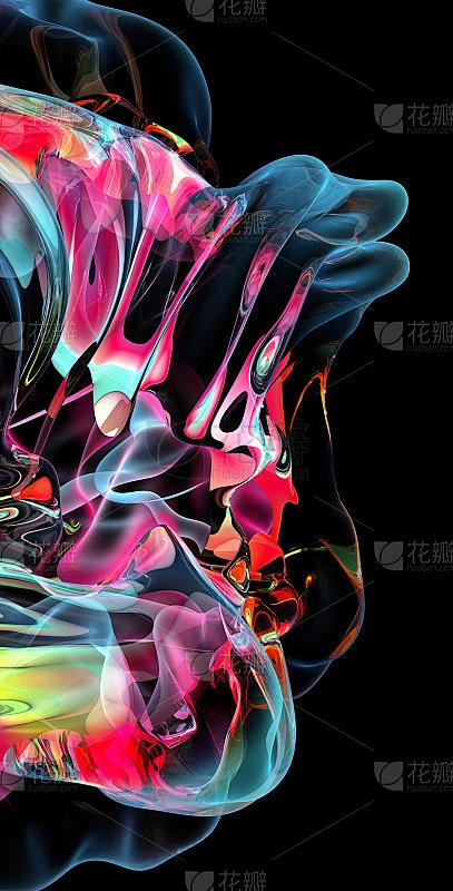3d渲染抽象艺术3d背景与部分超现实的外星水母有机体在曲线波浪有机生物线形式透明发光材料在霓虹灯蓝色素材-花瓣网