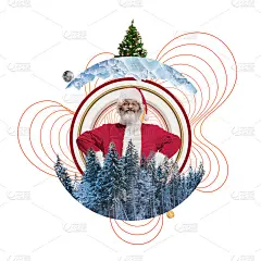 感人的圣诞老人祝福圣诞和2021年。Copyspace，线条设计，艺术拼贴。