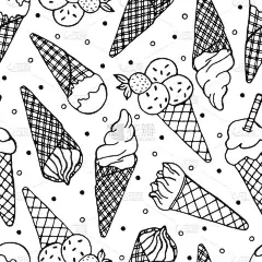 手绘雪糕角、华夫饼筒、粉、巧克力、草莓的无缝图案，白色背景。设计卡片,邀请函,壁纸,包装纸,织物的精