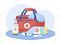 First aid kit 2d vector isolated illustration. paramedic bag. doctor supplies. medical help equipment flat composition on cartoon background. emergency situation assistance tools colourful scene Premium Vector