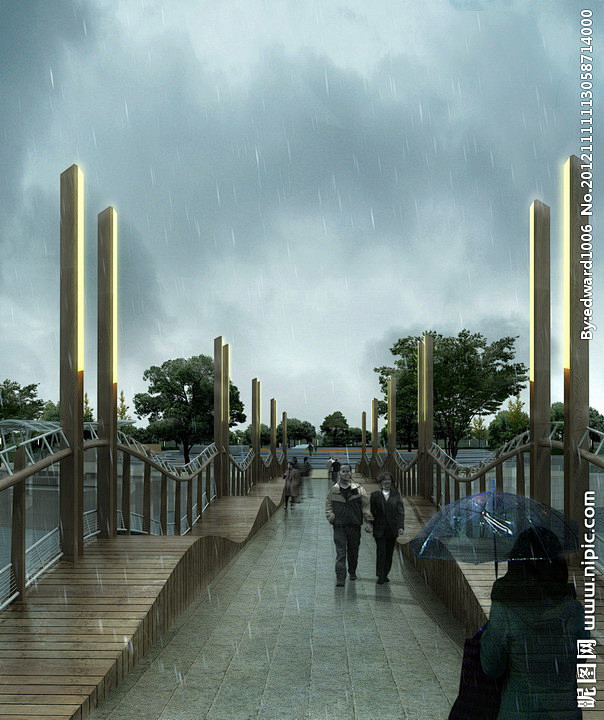 雨中的城市公园效果图源文件