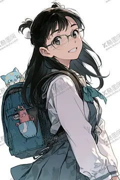 卡通学生女孩 【酷图网】JK,校服,学生,学习,长头发,卡通,女生,搭配,戴眼镜,背书包