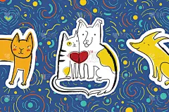 矢量贺卡与狗和猫在爱的派对