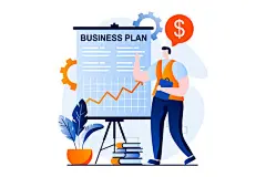 图源免费EPS文件 |具有人物场景的扁平卡通设计商业制作概念。商人制定新项目的商业计划，投资并开发创业项目。网络的矢量插图视觉故事