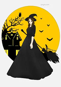 万圣节漂亮的女巫图片大小2480x3508px 图片尺寸1.2 MB 来自PNG搜索网 pngss.com 免费免扣png素材下载！蝙蝠#长裙#城堡#房子#黑色#卡通手绘#猫头鹰#女巫#漂亮女巫#万圣节#万圣节漂亮女巫#圆月#月亮#