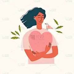一个女孩肖像的矢量图解。穿蓝色裤子和米色衬衫的女孩带着一颗心。手工绘制的心理健康说明。自爱。心灵的平