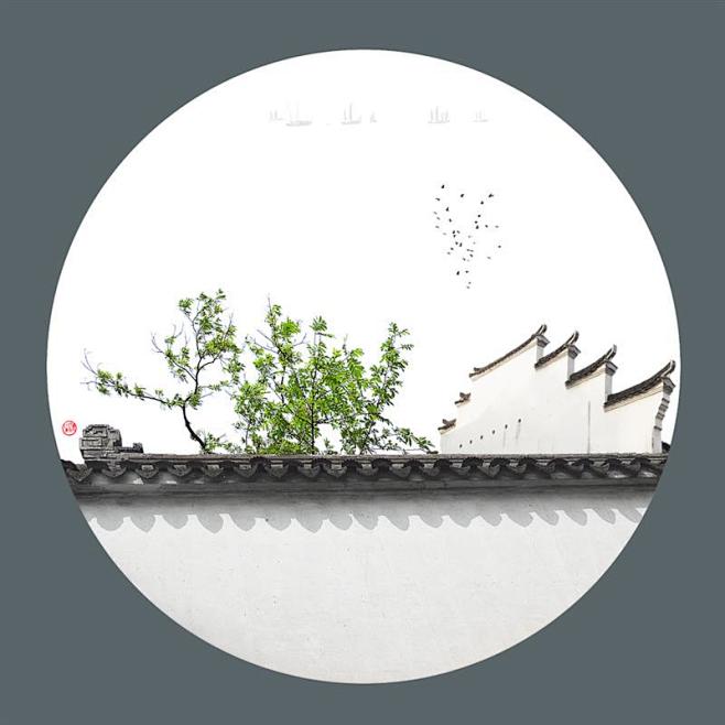 姑苏图典圆形画面采用简练的黑白线条画意效果强烈表现出苏州城市特征